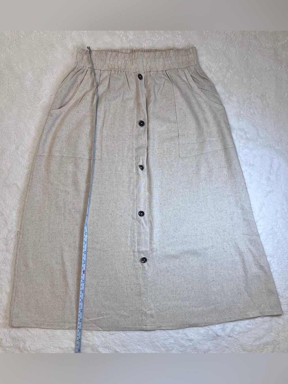 Button-Front Cream Midi Skirt with Elastic Waist